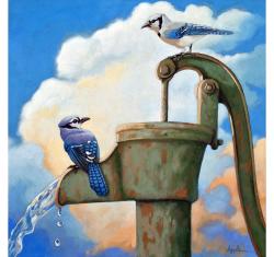 Blue Jays on Old Water Pump Bird realistic animal portrait painting